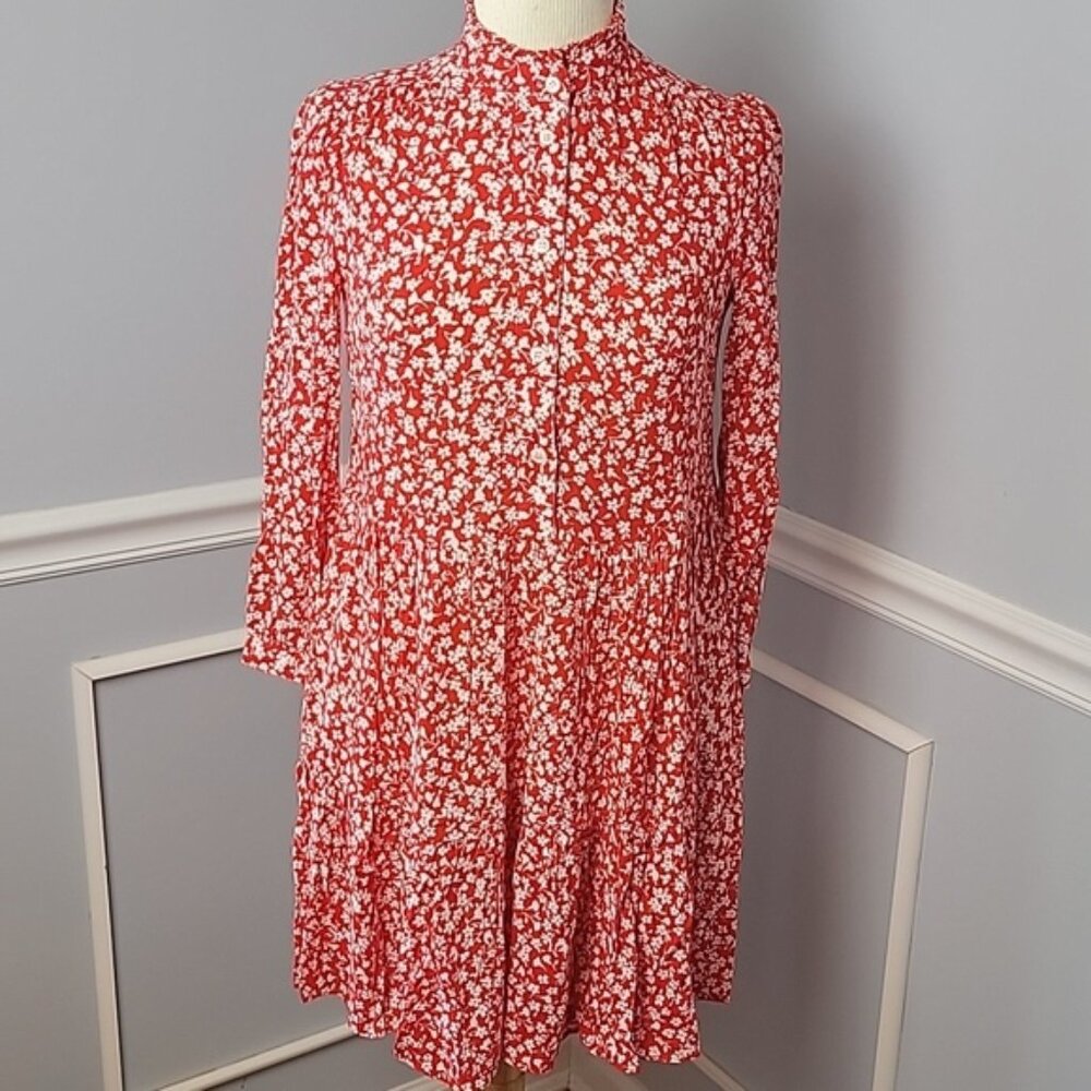J.CREW Red White Tossed‎ Bouquet Floral Boho Long Sleeve Cottage Coquette Dress